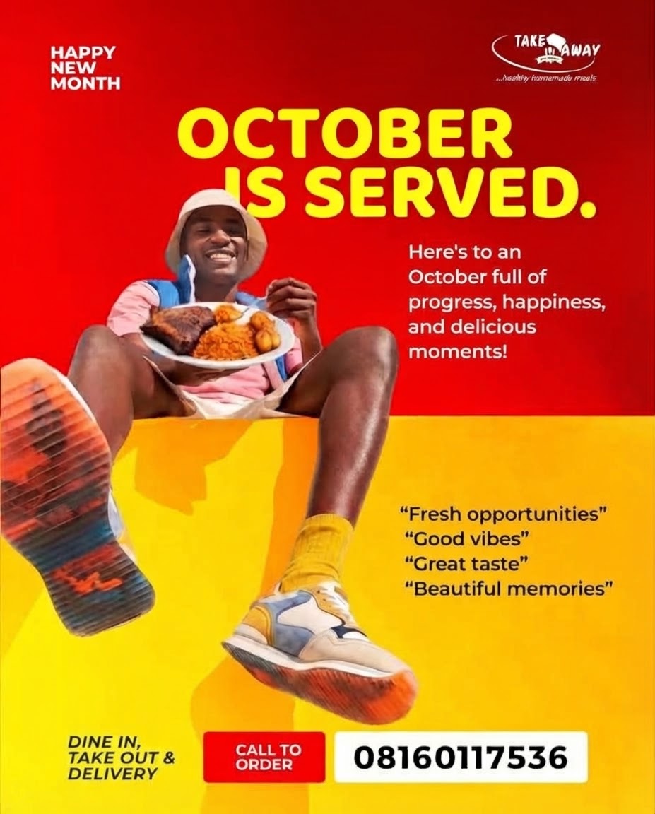 October is Served flyer: a guest holding a plate of jollof rice, plantain and grilled meat