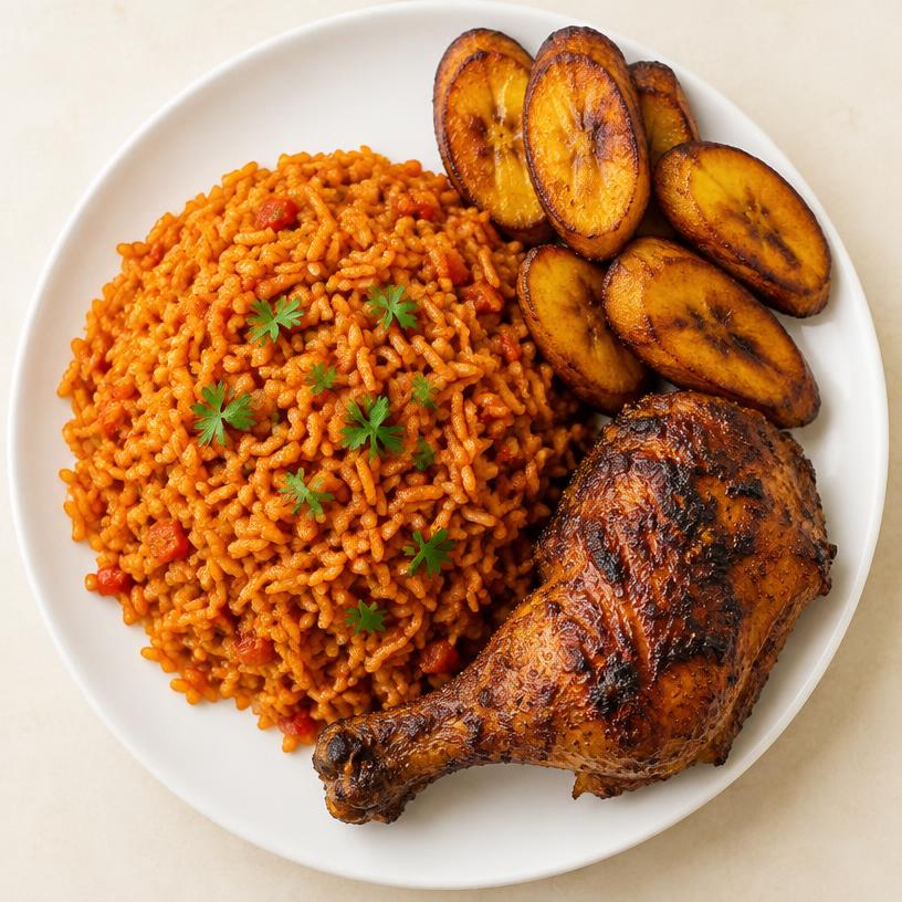 Jollof rice with chicken and plantain